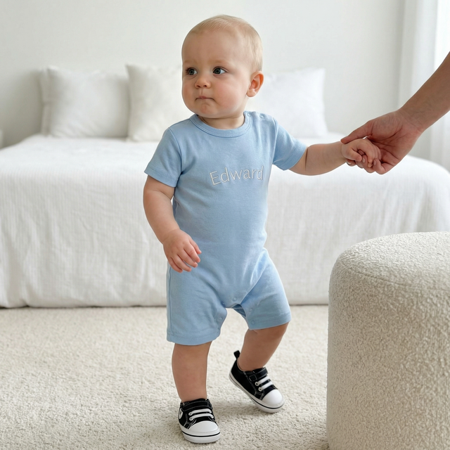 Embroidered Snap Romper in Sky Blue
