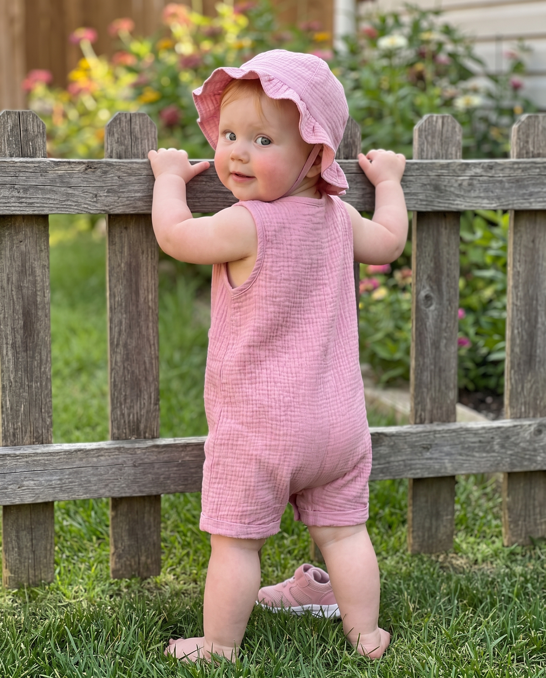Sleeveless Gauze Snap Romper with Hat in Pink