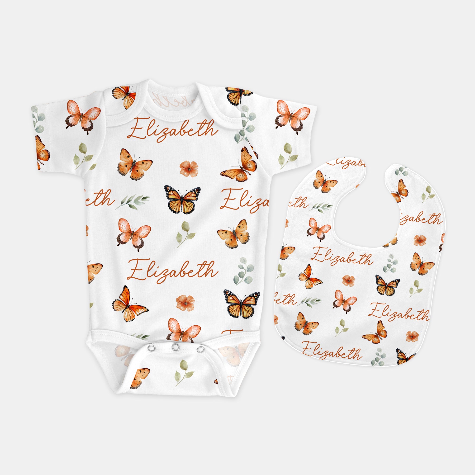 Personalized Bib and Burp Cloth Set in Orange Butterfly