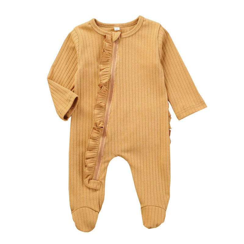 Ruffle Zipper Footie in Khaki