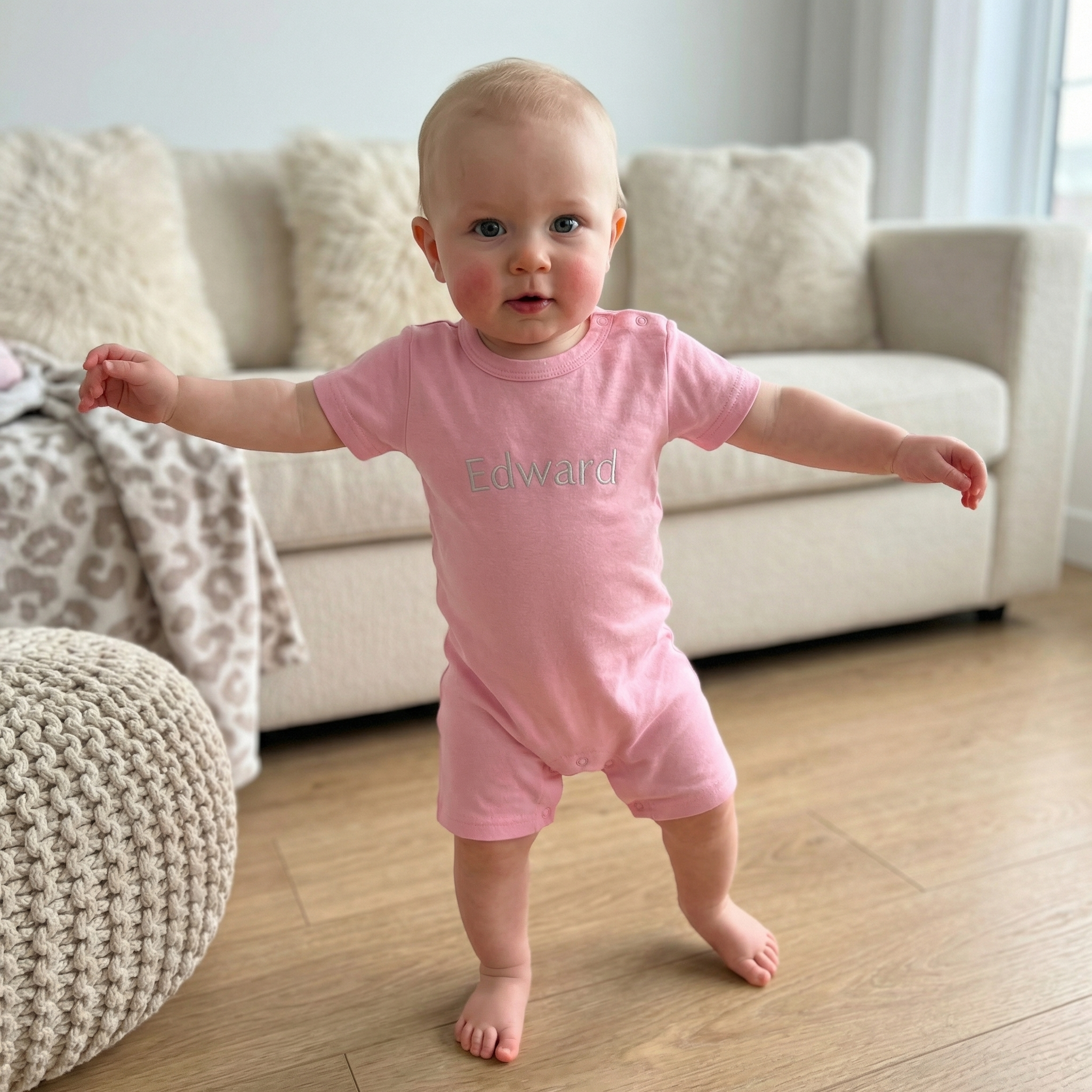 Embroidered Short Sleeve Snap Romper in Blush Petal