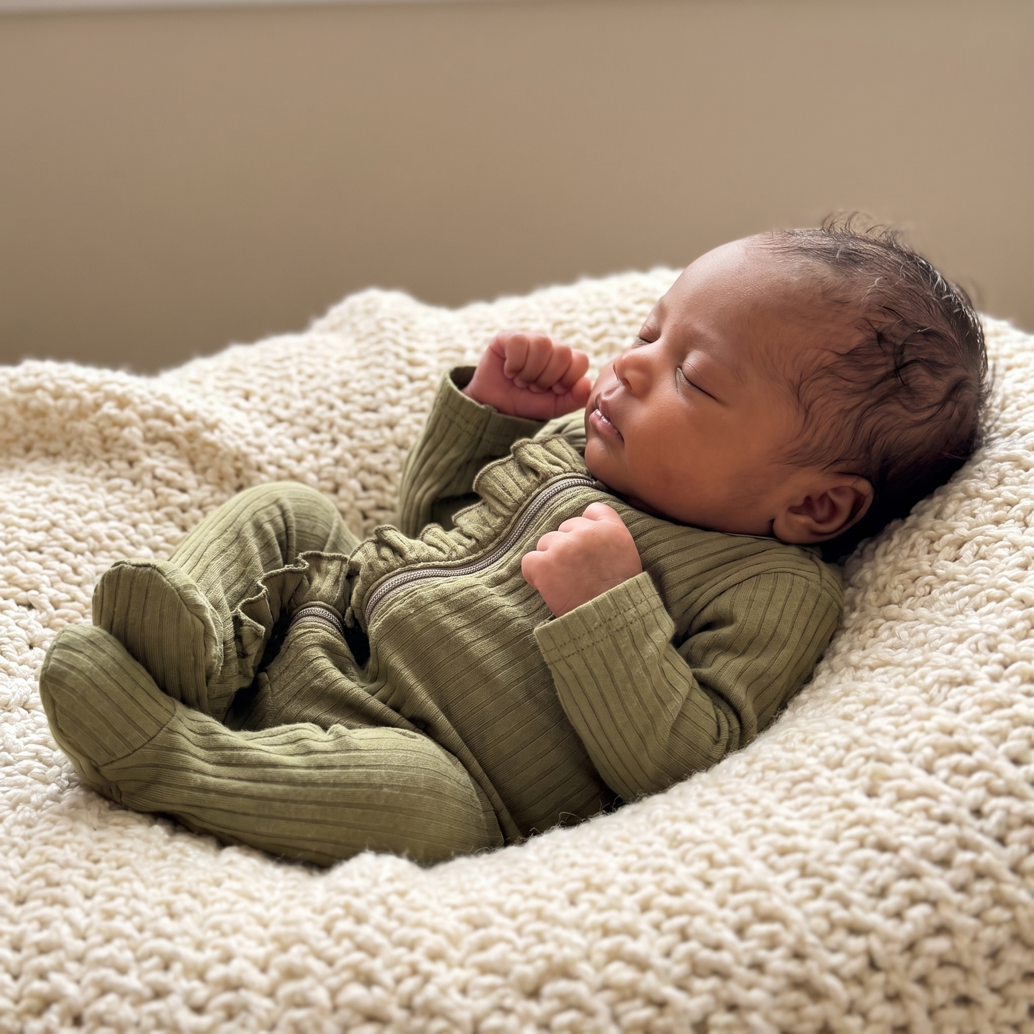 Ruffle Zipper Footie in Army Green