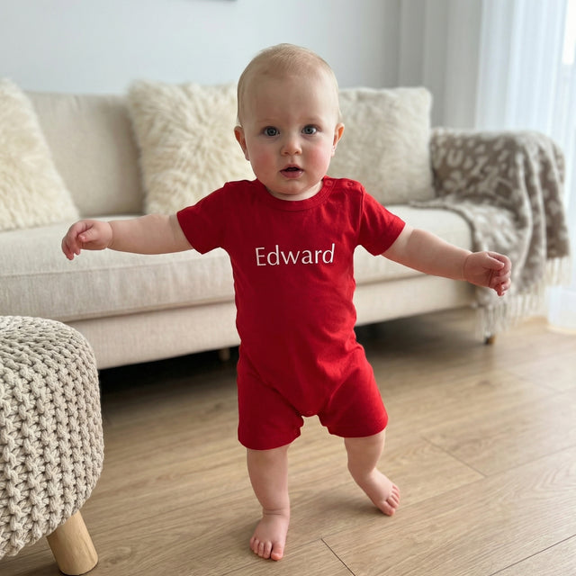 Embroidered Snap Romper in Cherry Pop