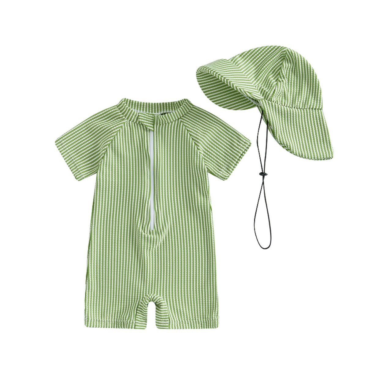Striped Swim Romper with Hat in Green