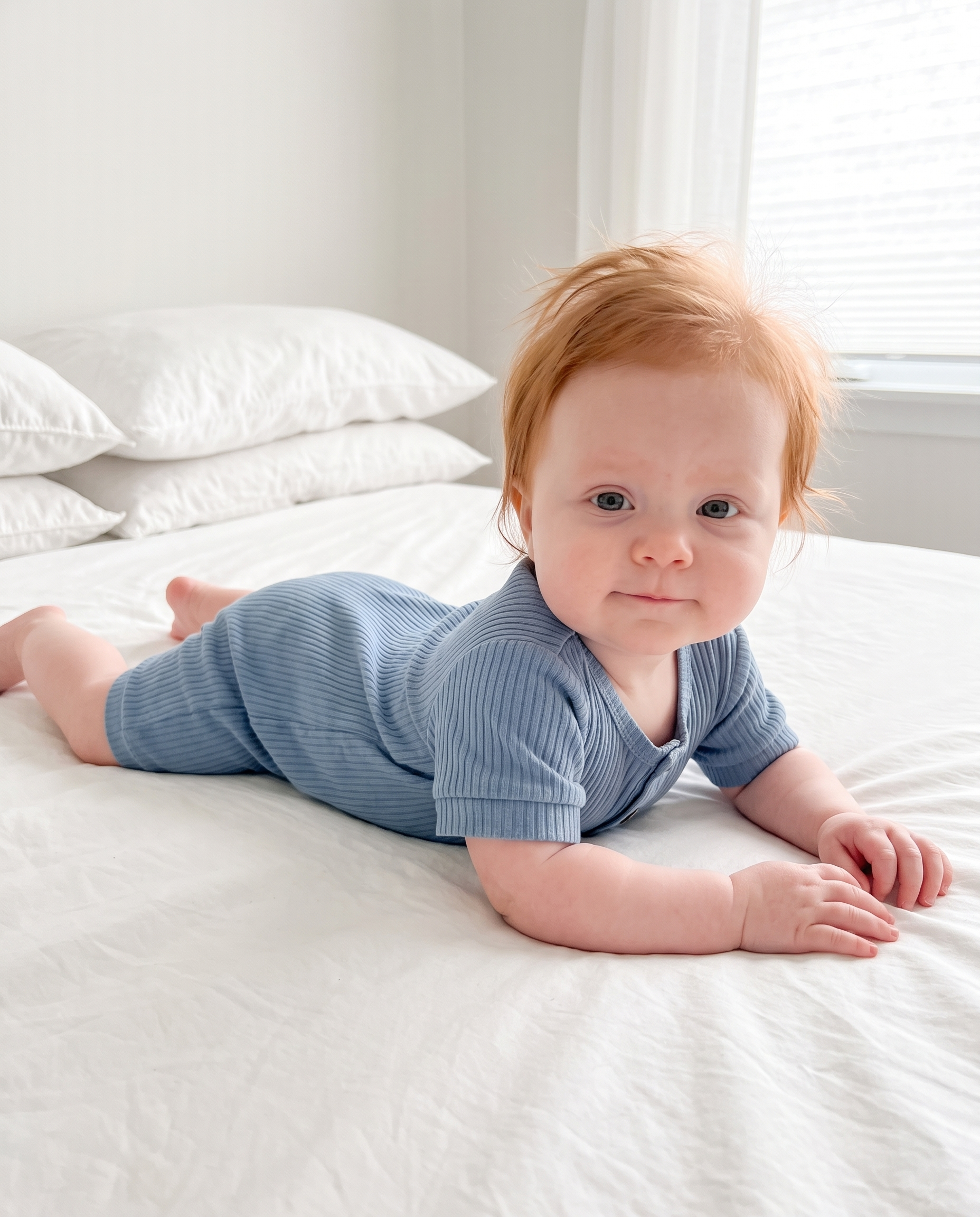 Ribbed Short-sleeved Snap Romper in Blue