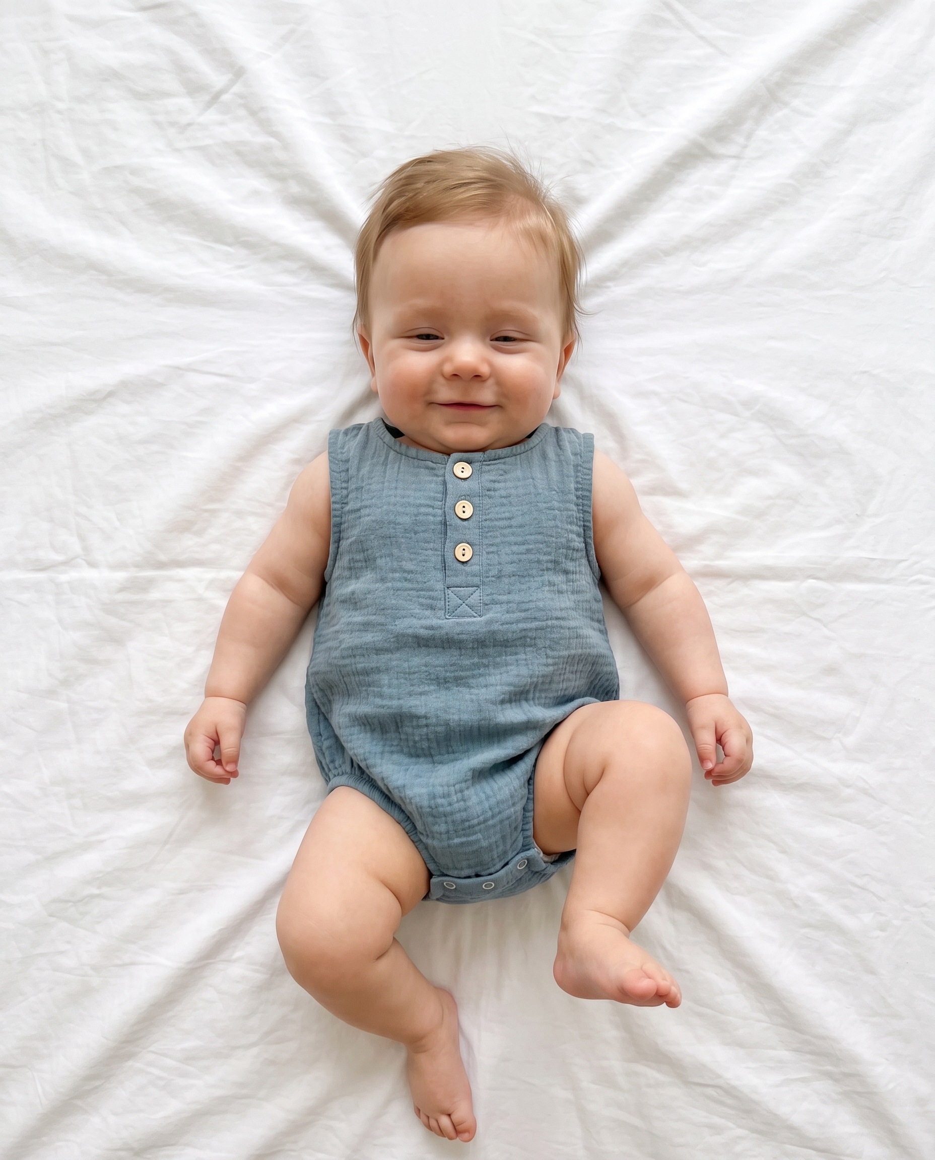 Sleeveless Muslin Bubble Romper in Lake Blue