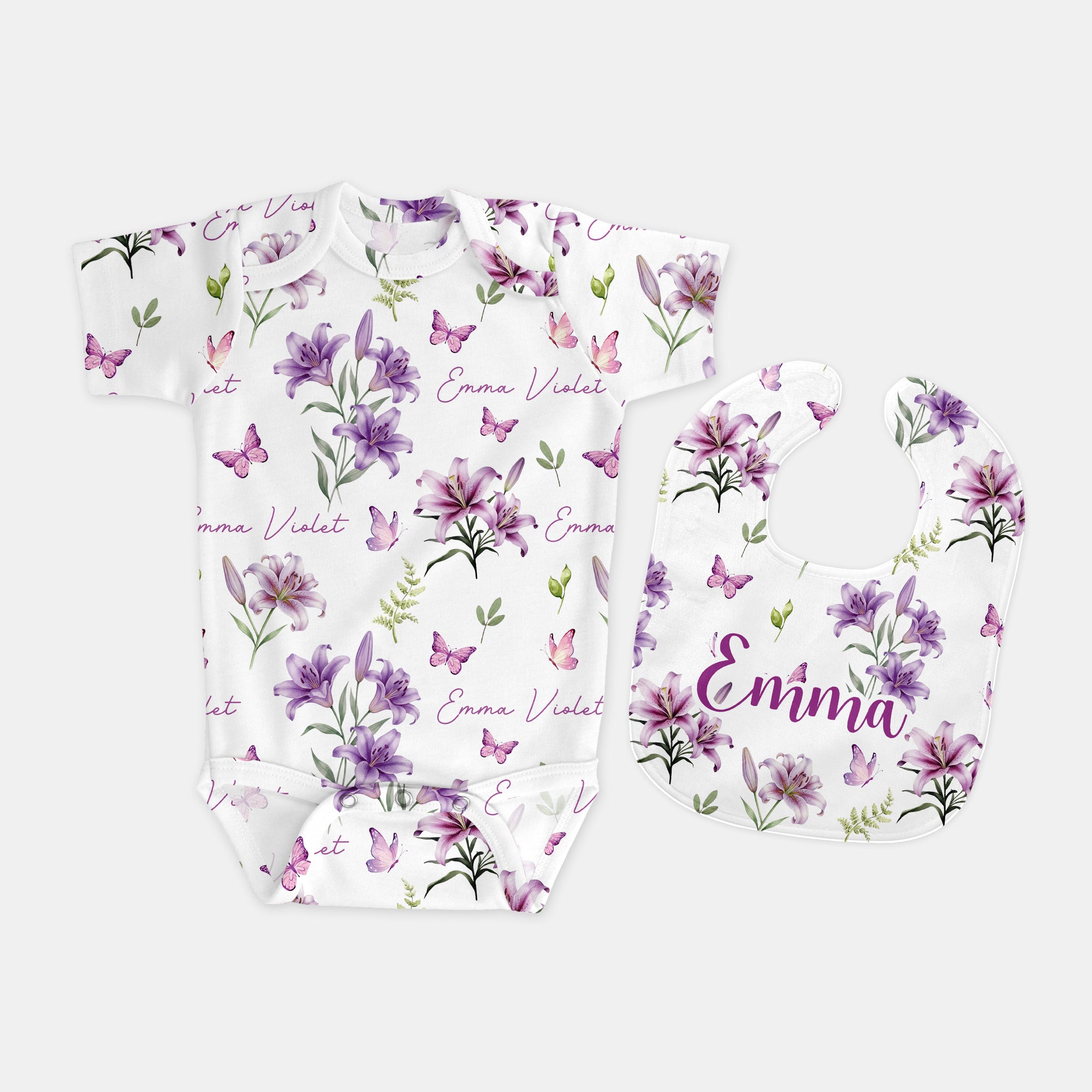 Personalized Bib and Burp Cloth Set in Purple Lilys