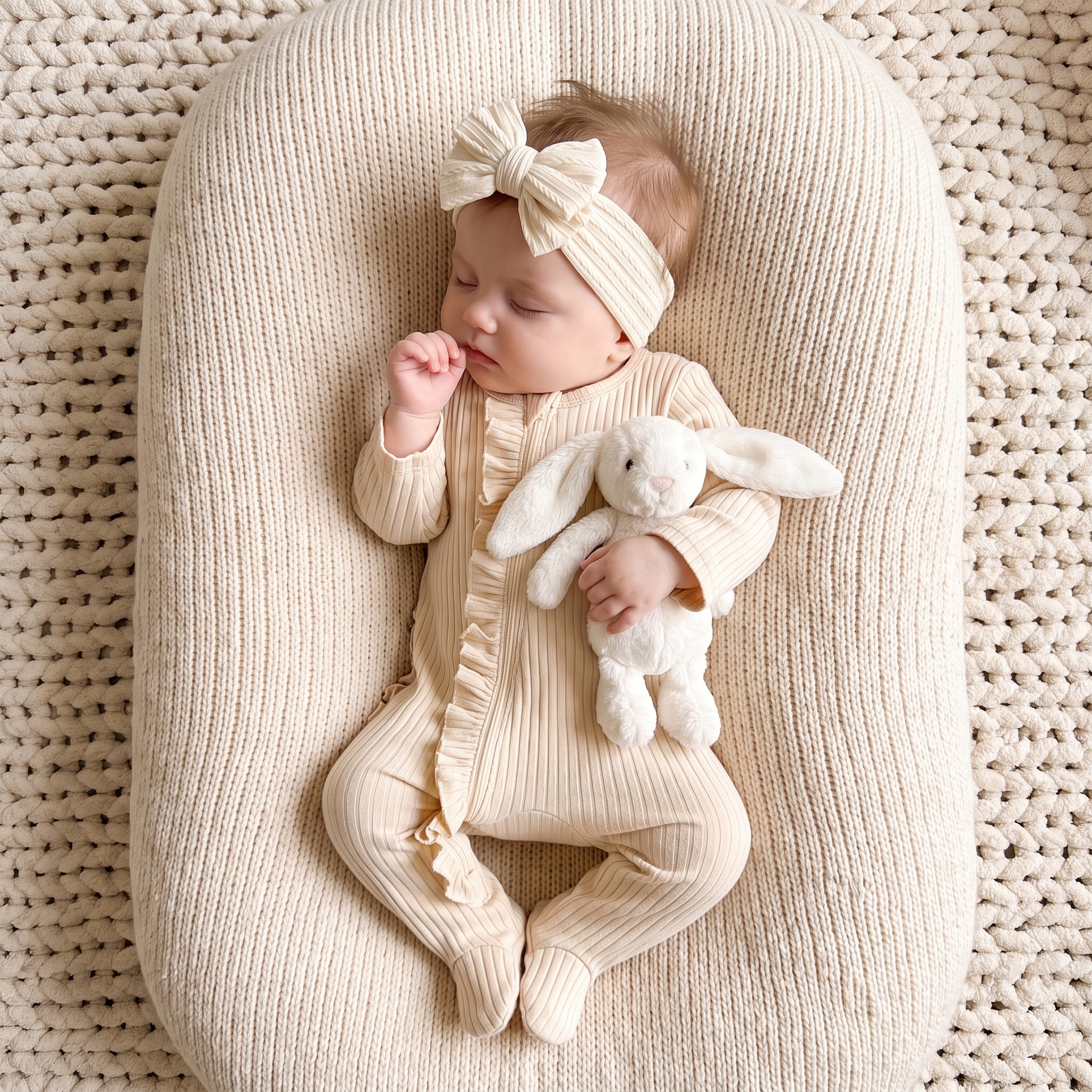 Ruffle Zipper Footie in Beige