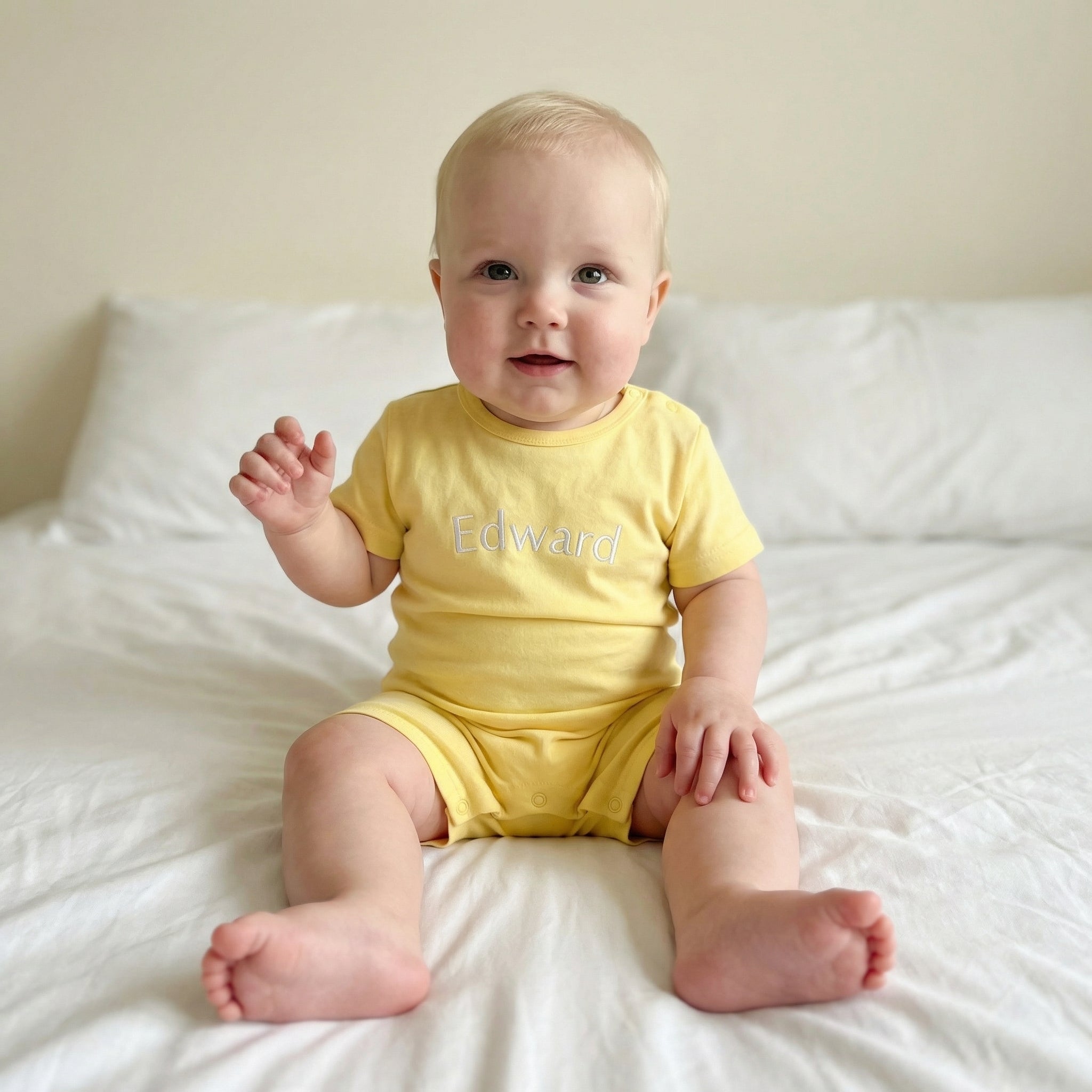 Embroidered Short Sleeve Snap Romper in Lemon