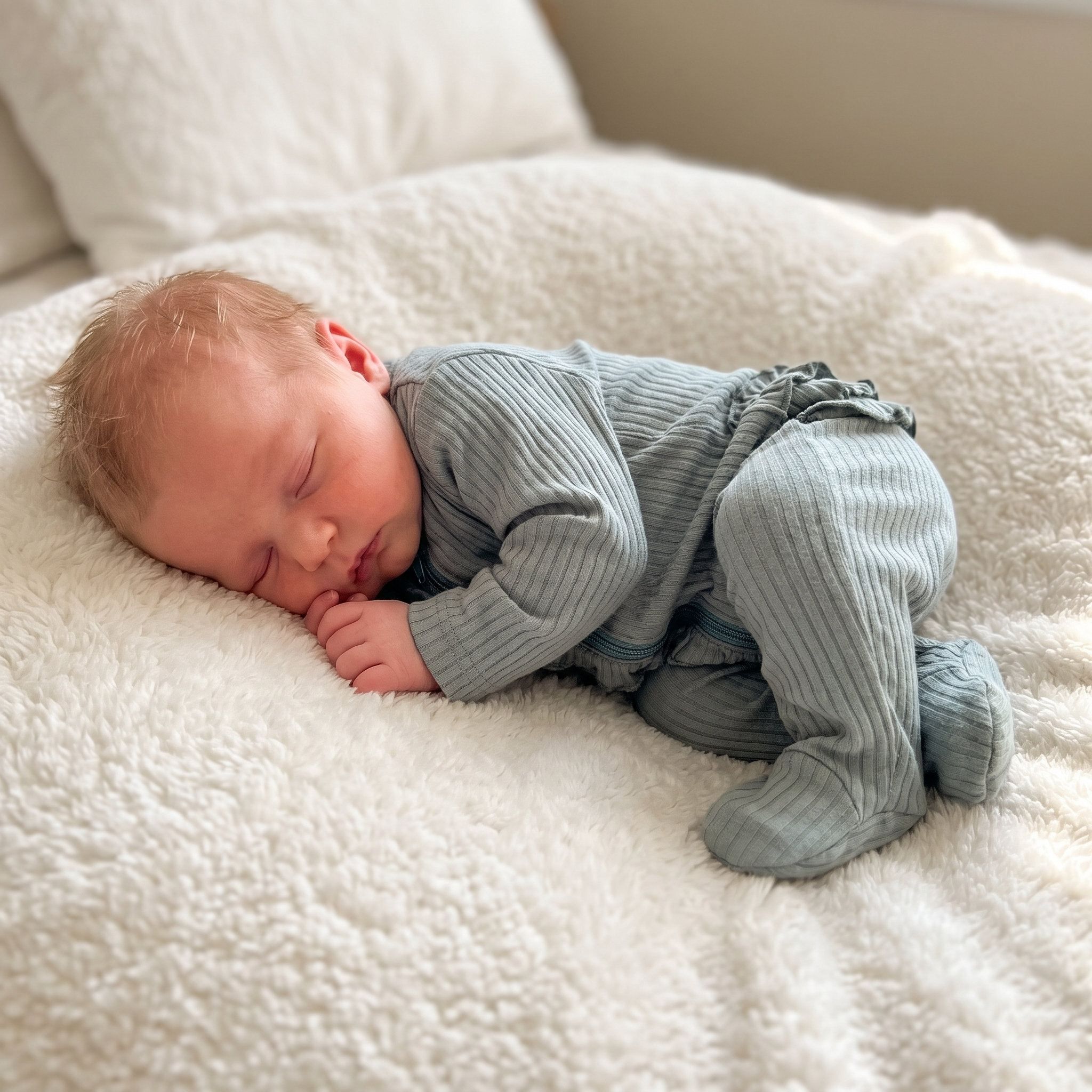 Ruffle Zipper Footie in Silver Grey