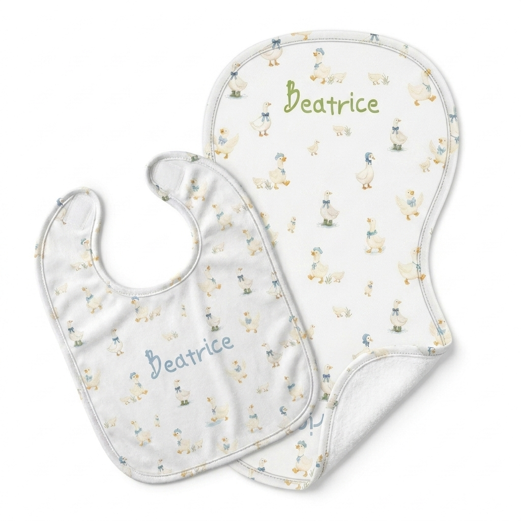 Personalized Bib and Burp Cloths in Silly Goose