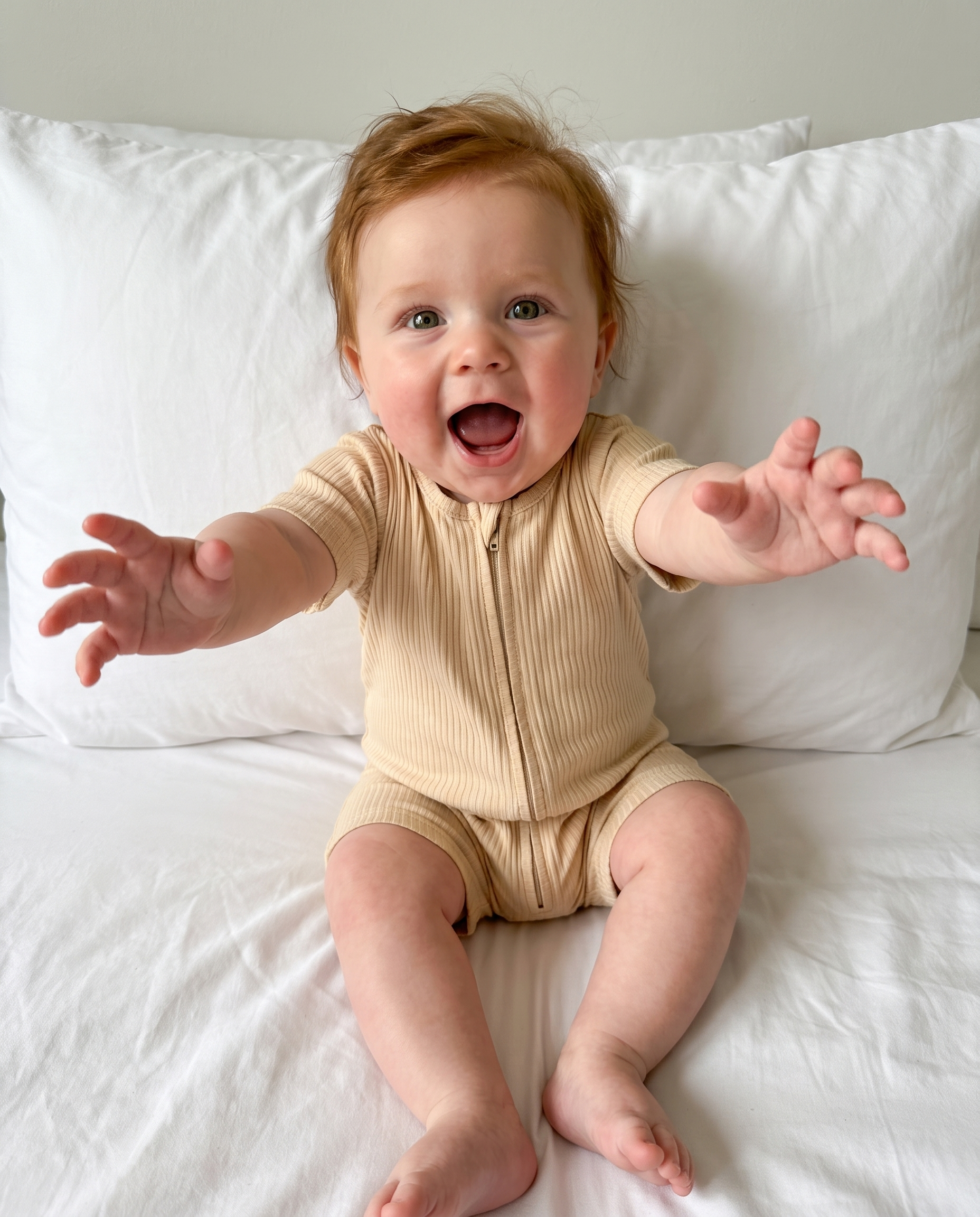 Short-sleeved Ribbed Zip Romper in Khaki