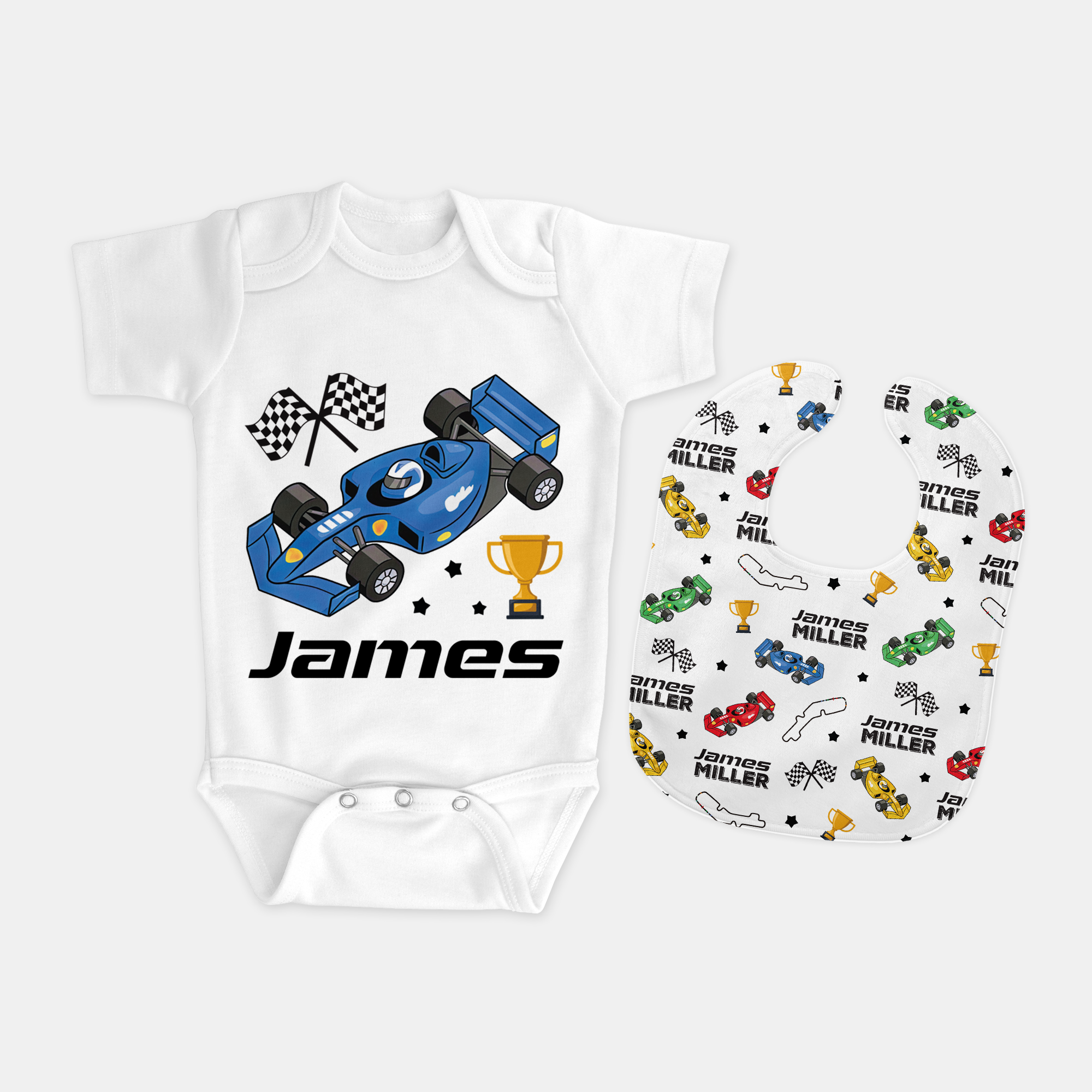 Personalized Bib and Burp Cloth Set in Pit Crew
