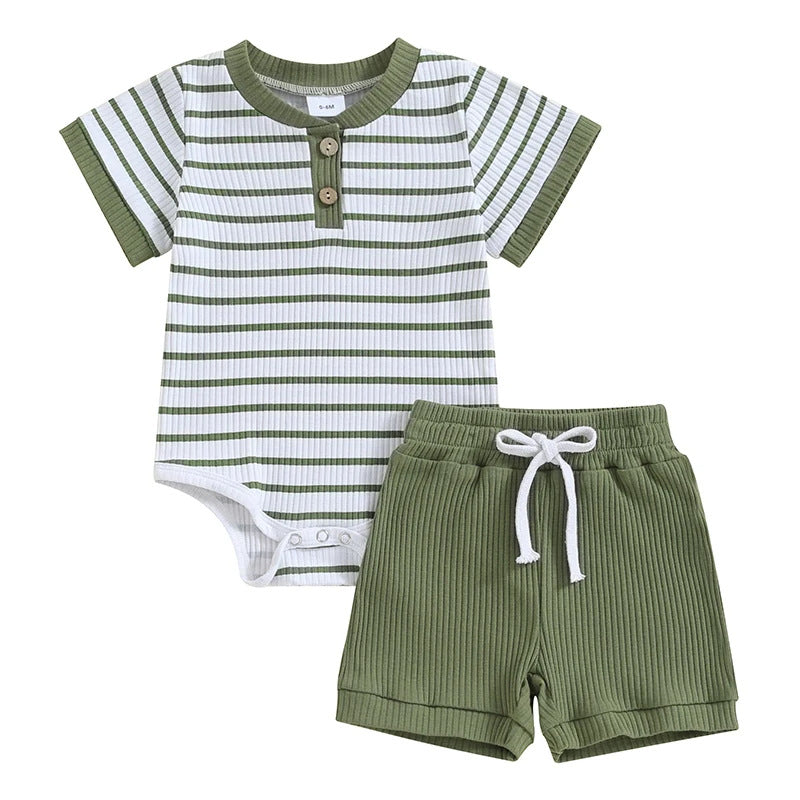 Striped Bodysuit & Shorts Set in Olive Green