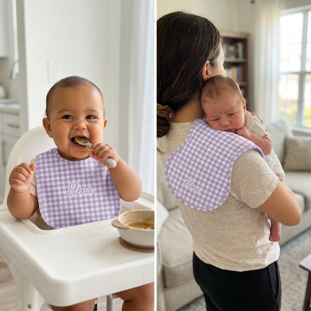 Personalized Bib and Burp Cloths in Lilac Gingham