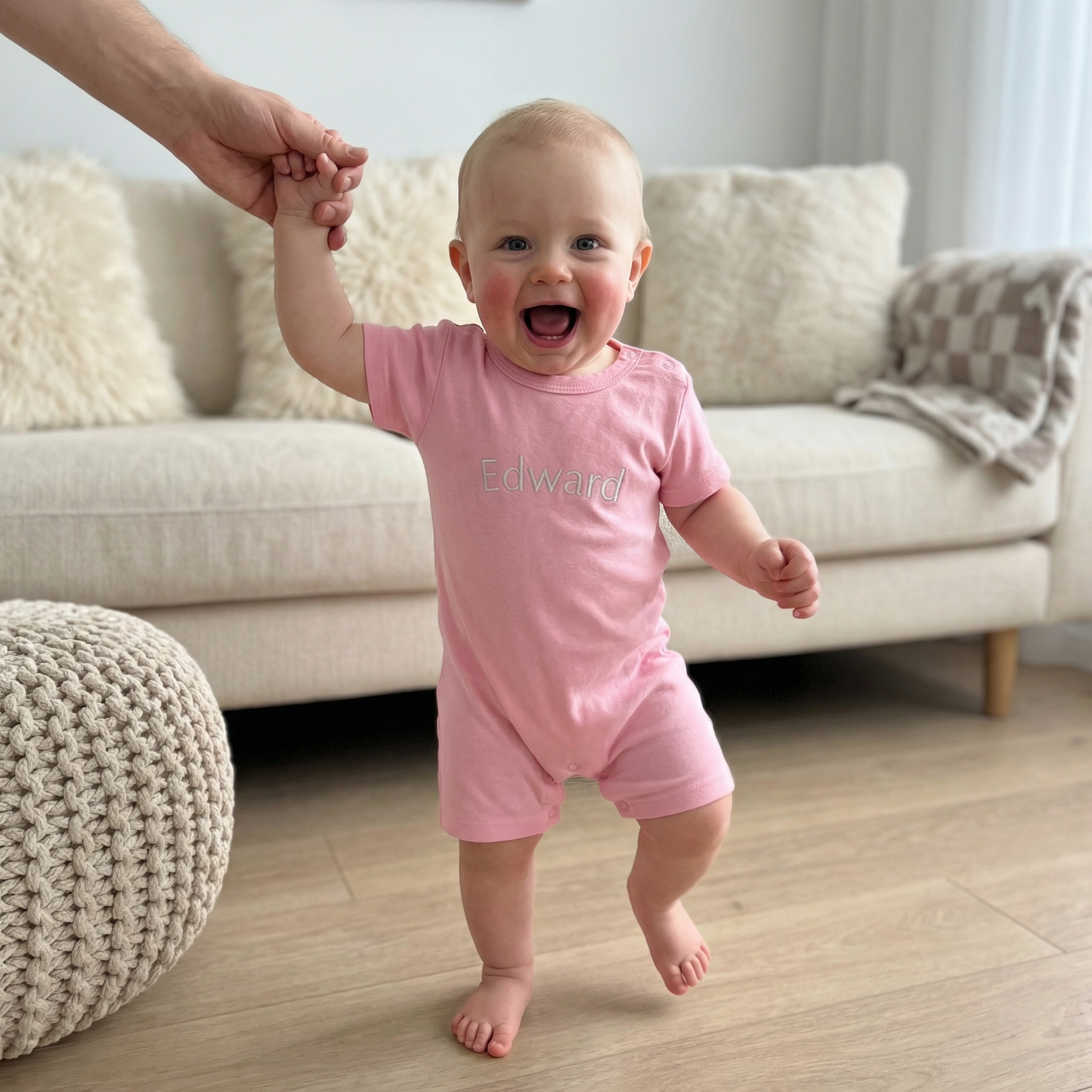 Embroidered Short Sleeve Snap Romper in Blush Petal