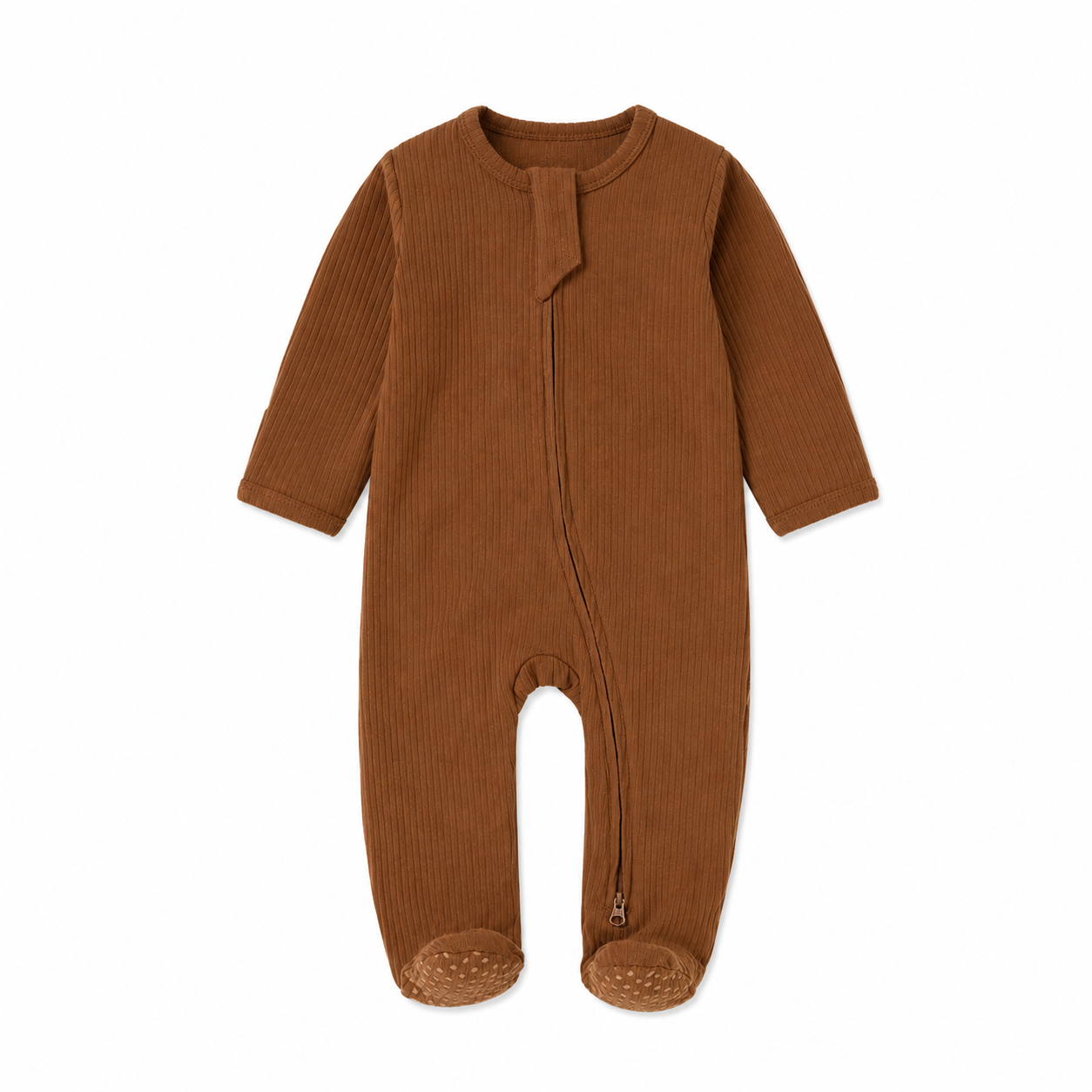 Ribbed Zipper Footie in Camel
