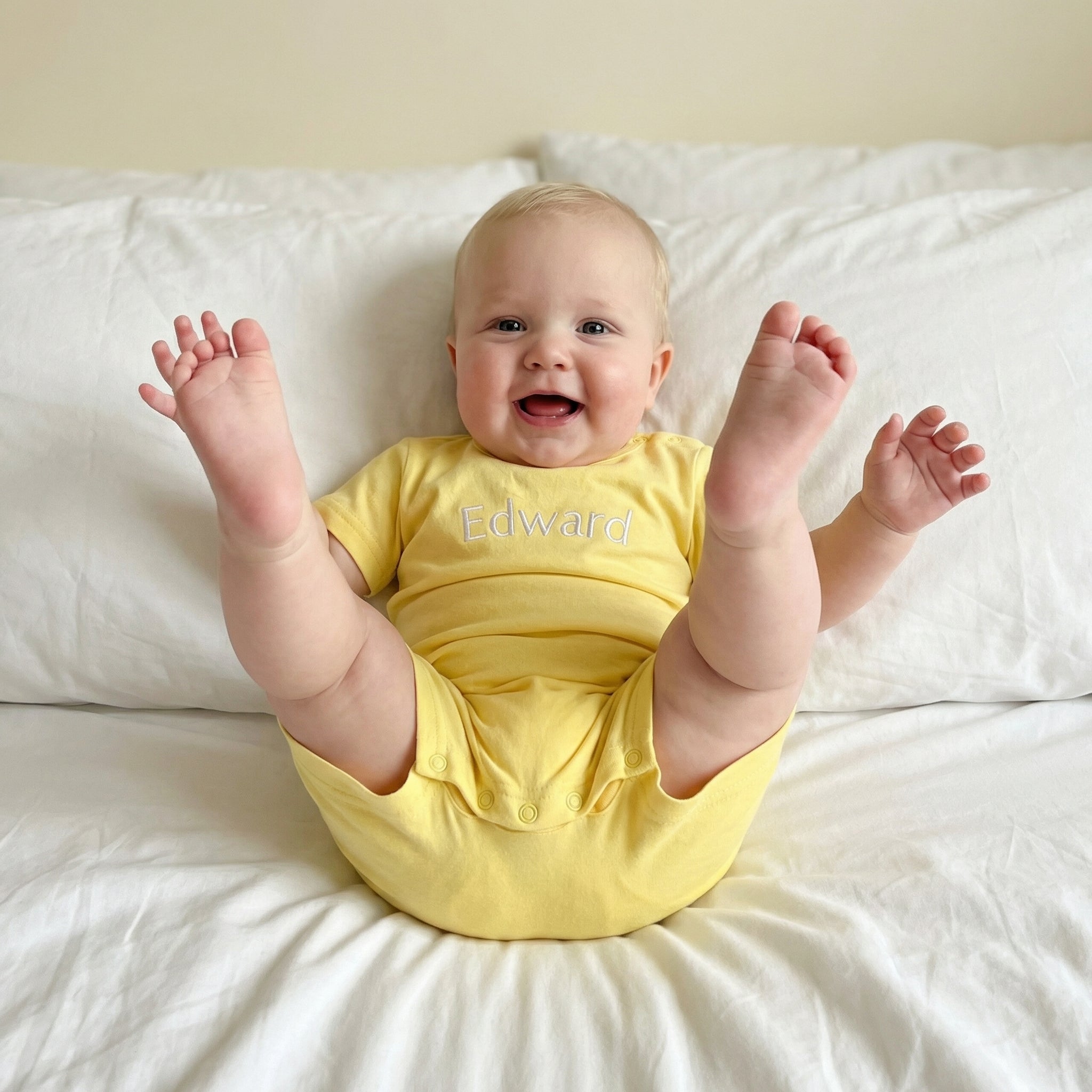 Embroidered Short Sleeve Snap Romper in Lemon