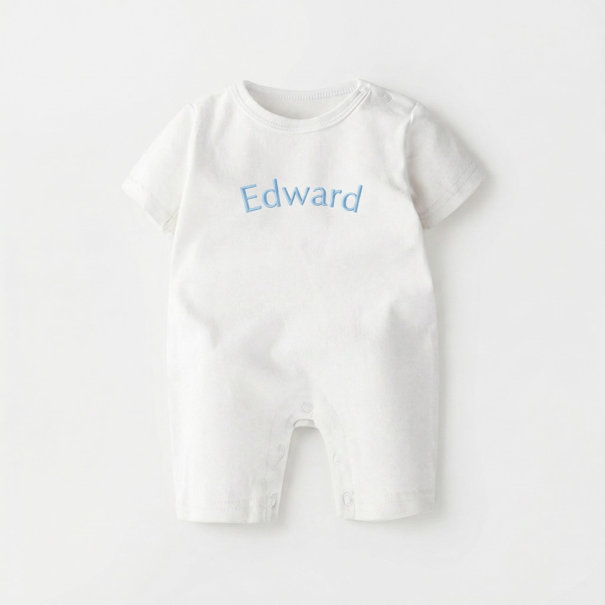 Embroidered Short Sleeve Snap Romper in Cloud