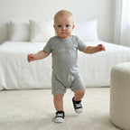Embroidered Snap Romper in Light Gray