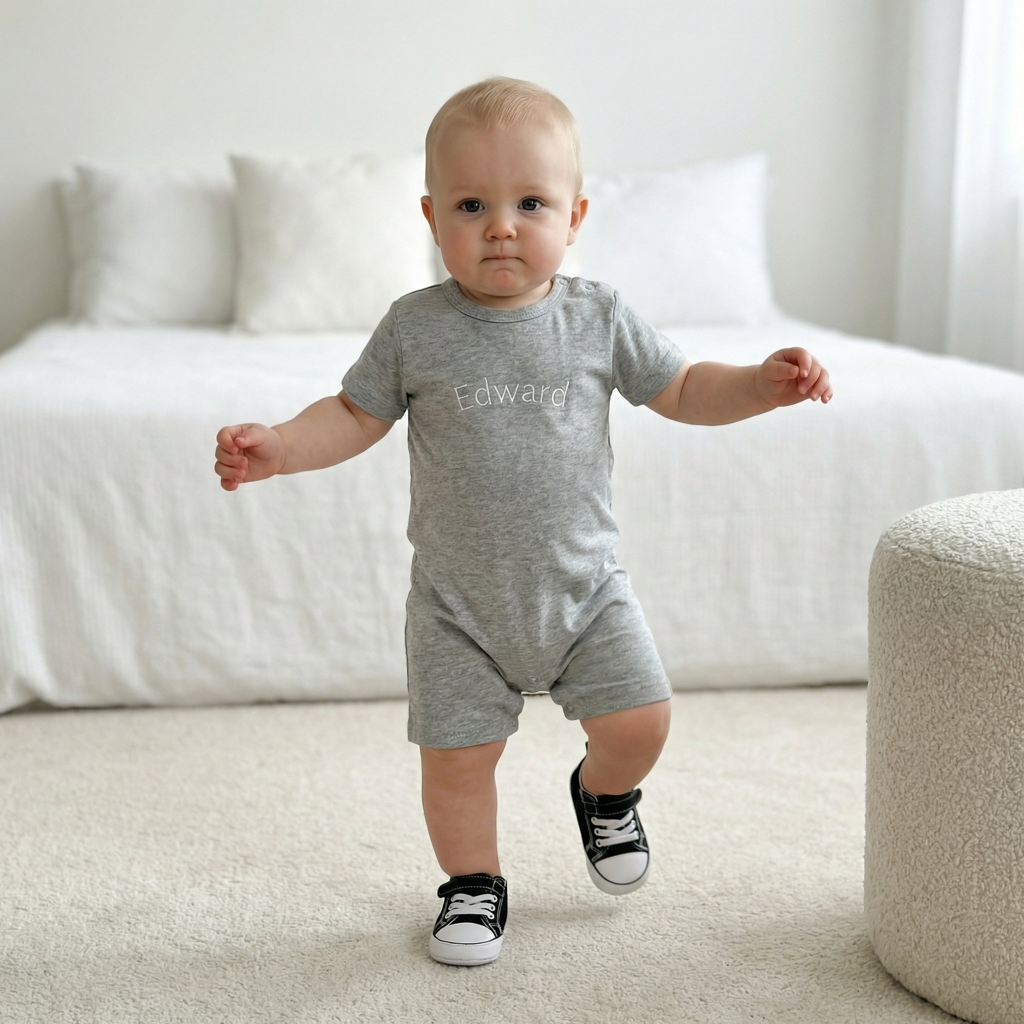 Embroidered Short Sleeve Snap Romper in Light Gray