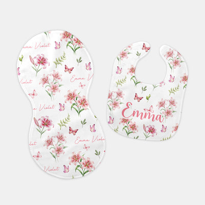 Personalized Bib and Burp Cloth Set in Pink Lilys
