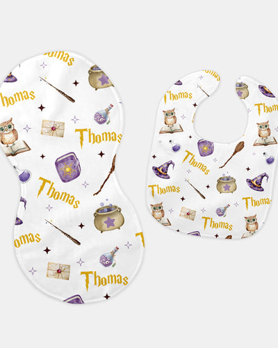 Personalized Bib and Burp Cloth Set in Wizard School