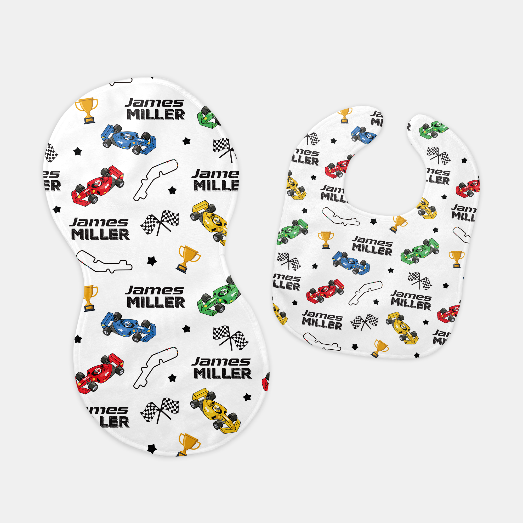 Personalized Bib and Burp Cloth Set in Pit Crew