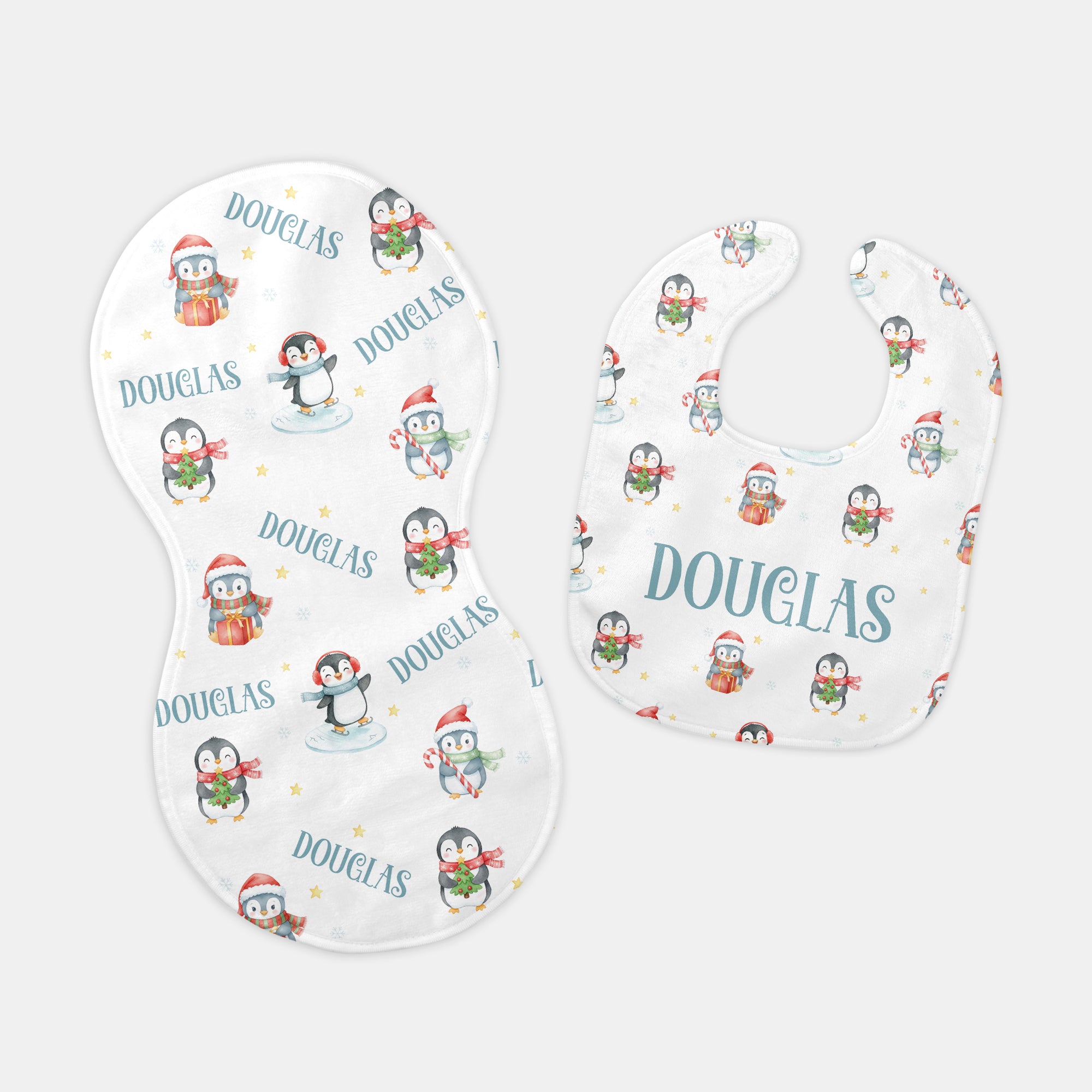 Snow Penguin Personalized Bib and Burp Cloth Set
