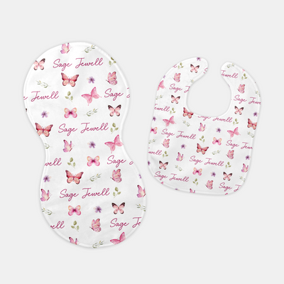 Personalized Bib and Burp Cloth Set in Pink Butterfly