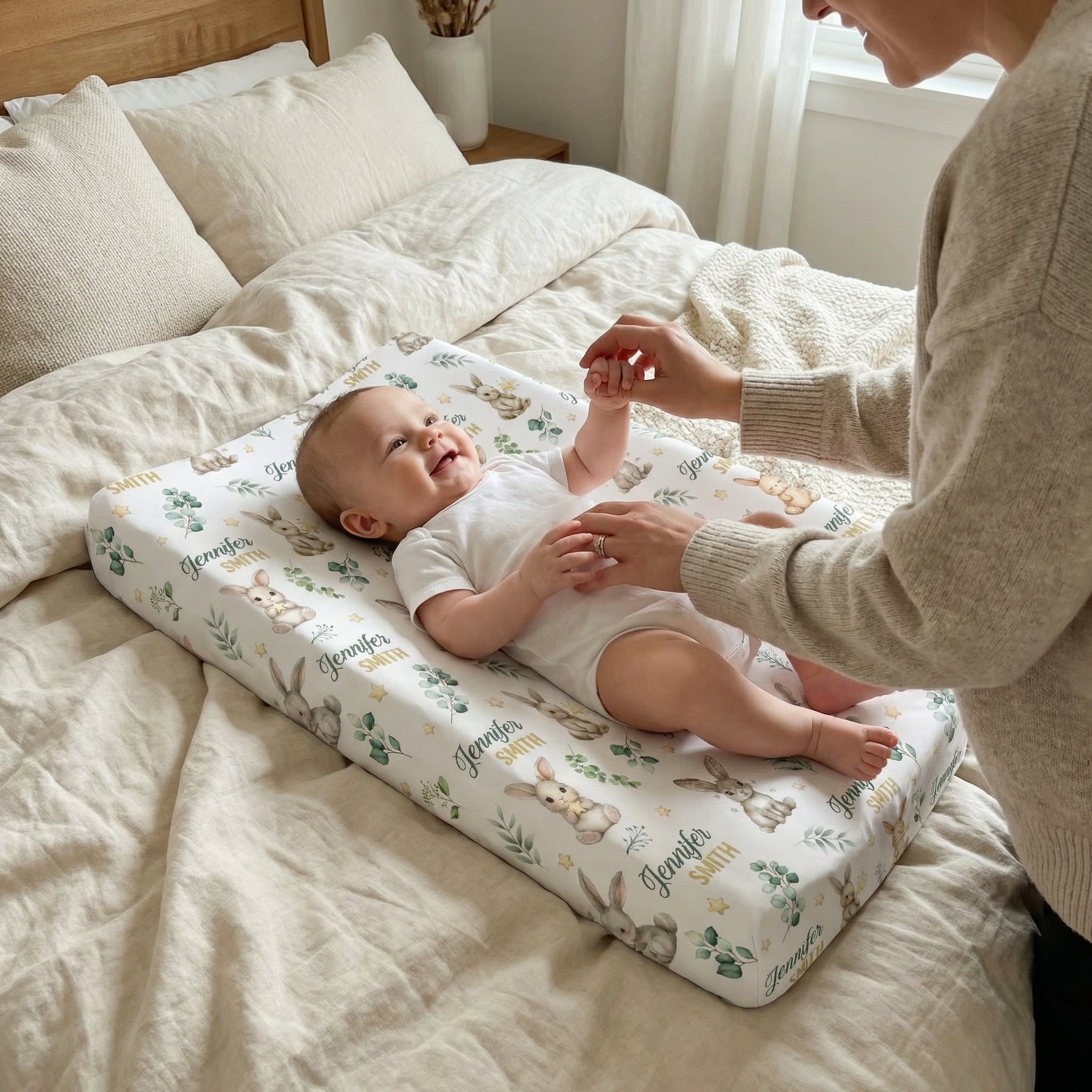 Personalized Changing Pad Cover in Bunny Garden