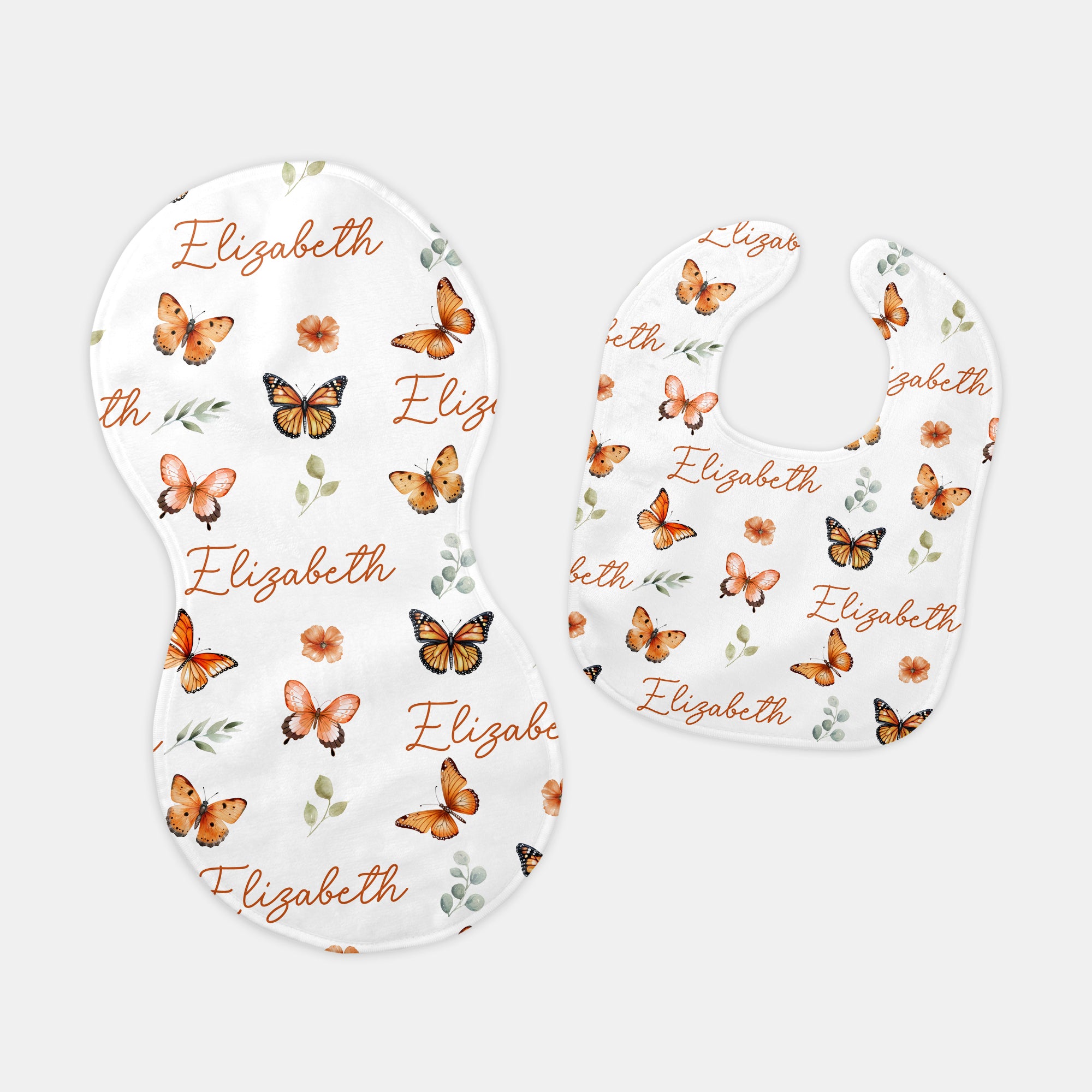 Orange Butterfly Personalized Bib and Burp Cloth Set