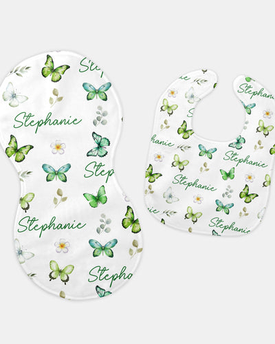Personalized Bib and Burp Cloth Set in Green Butterfly