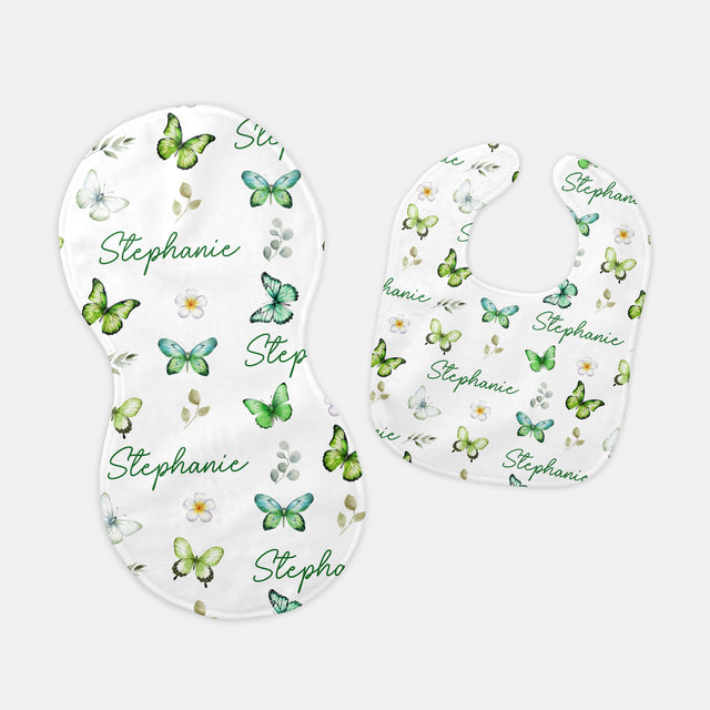 Personalized Bib and Burp Cloth Set in Green Butterfly