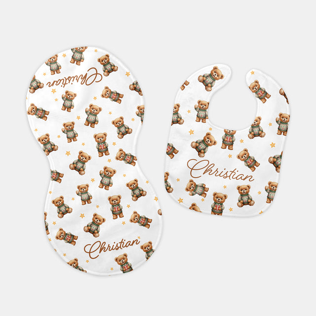 Personalized Bib and Burp Cloth Set in Cozy Bear