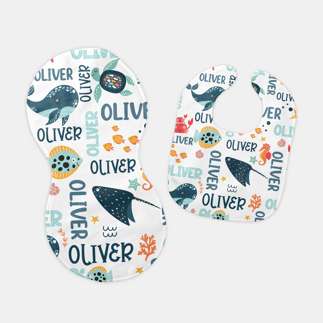 Personalized Bib and Burp Cloth Set in Ocean Animals