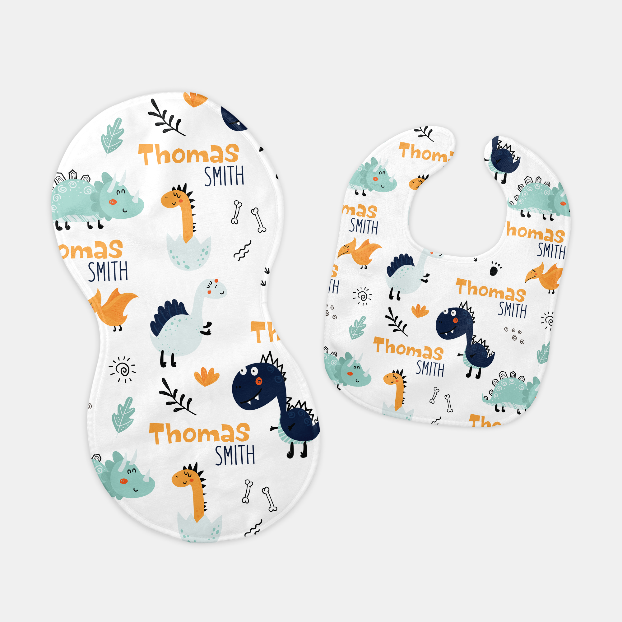 Personalized Bib and Burp Cloth Set in Cute Dinosaur