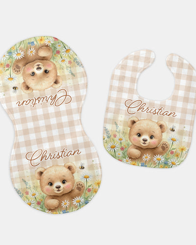 Personalized Bib and Burp Cloth Set in Cozy Bear
