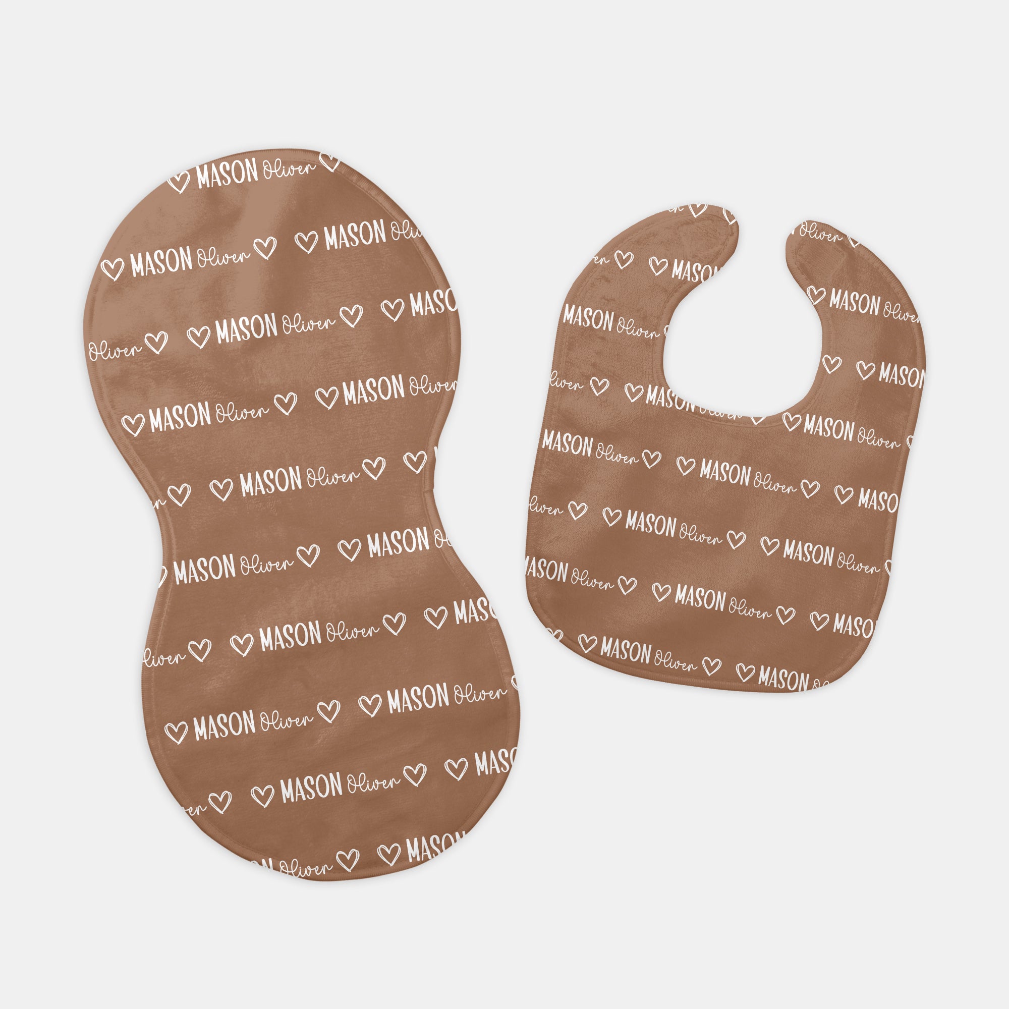 Personalized Bib and Burp Cloth Set Mono Name in Camel
