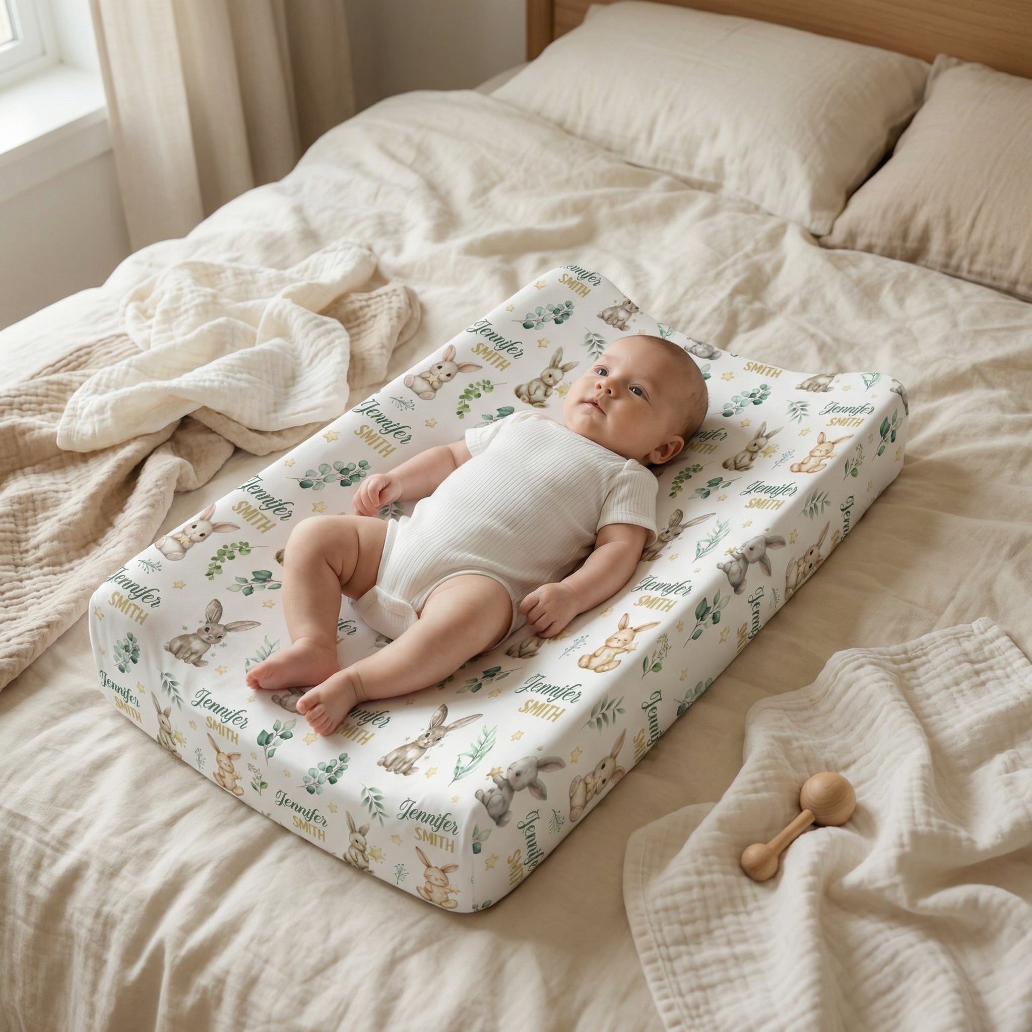 Personalized Changing Pad Cover in Bunny Garden
