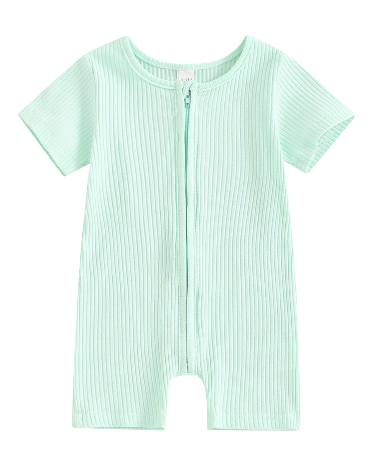 Short-sleeved Ribbed Zip Romper in Light Green