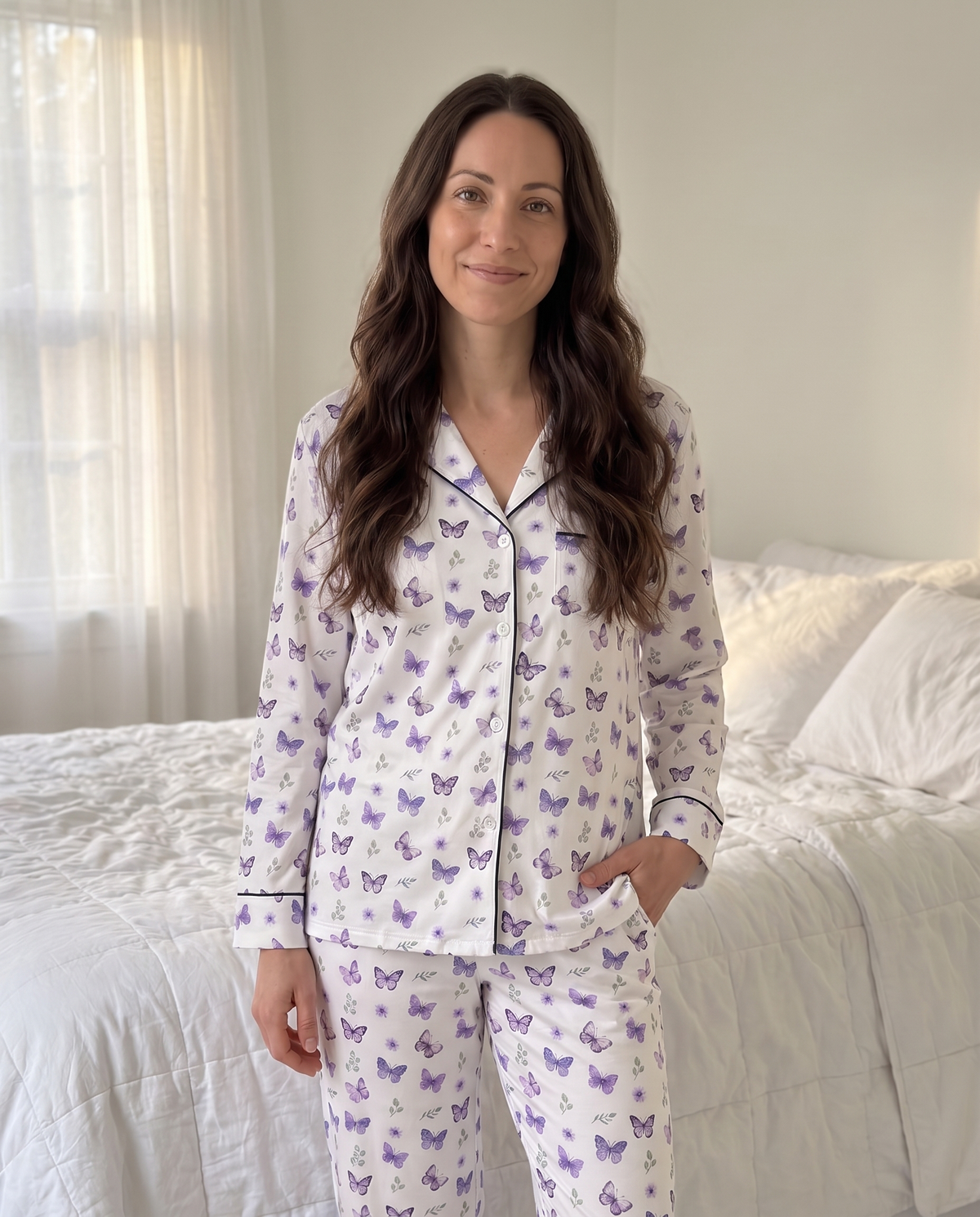 Long-Sleeved Women's Pajama Set in Purple Butterfly