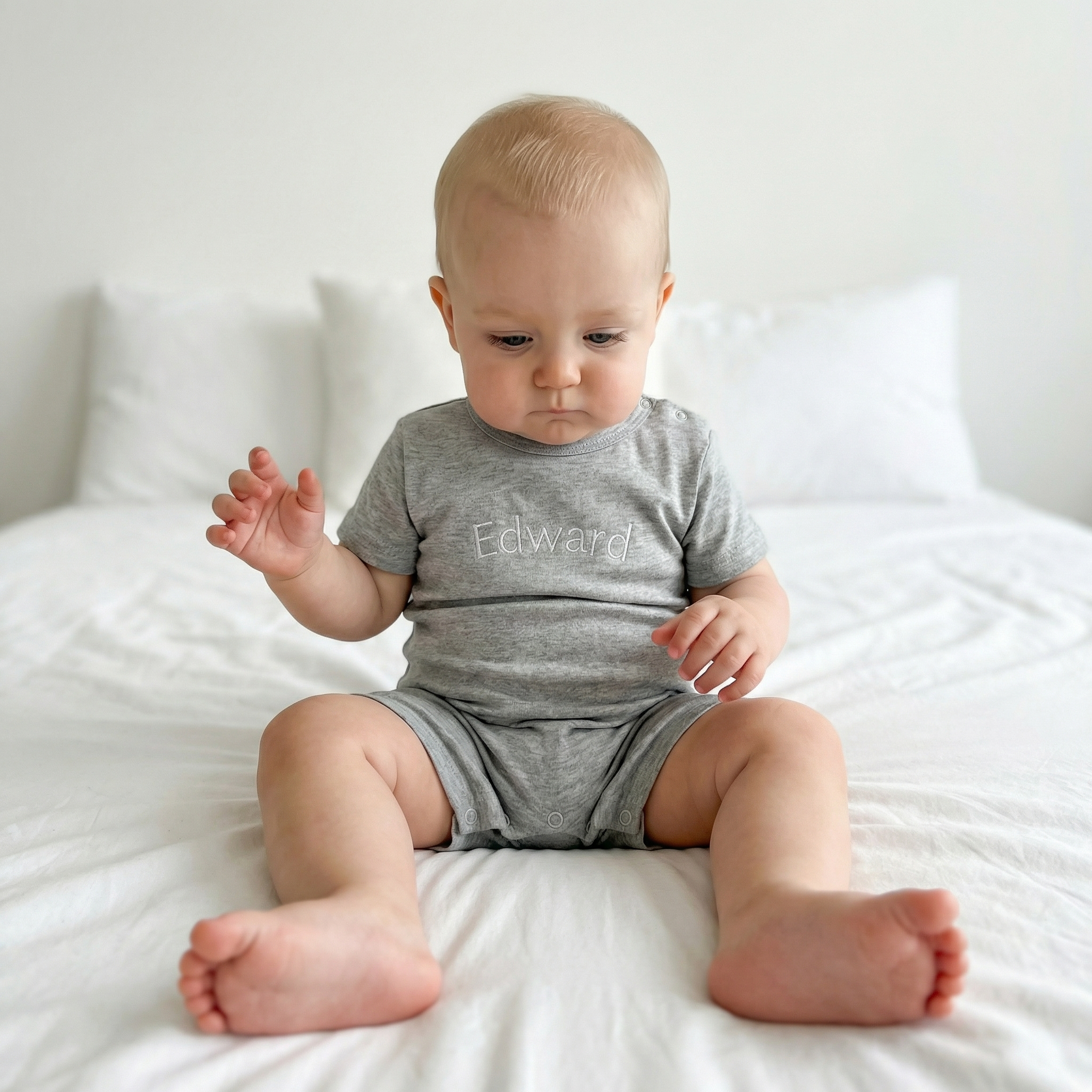 Embroidered Short Sleeve Snap Romper in Light Gray