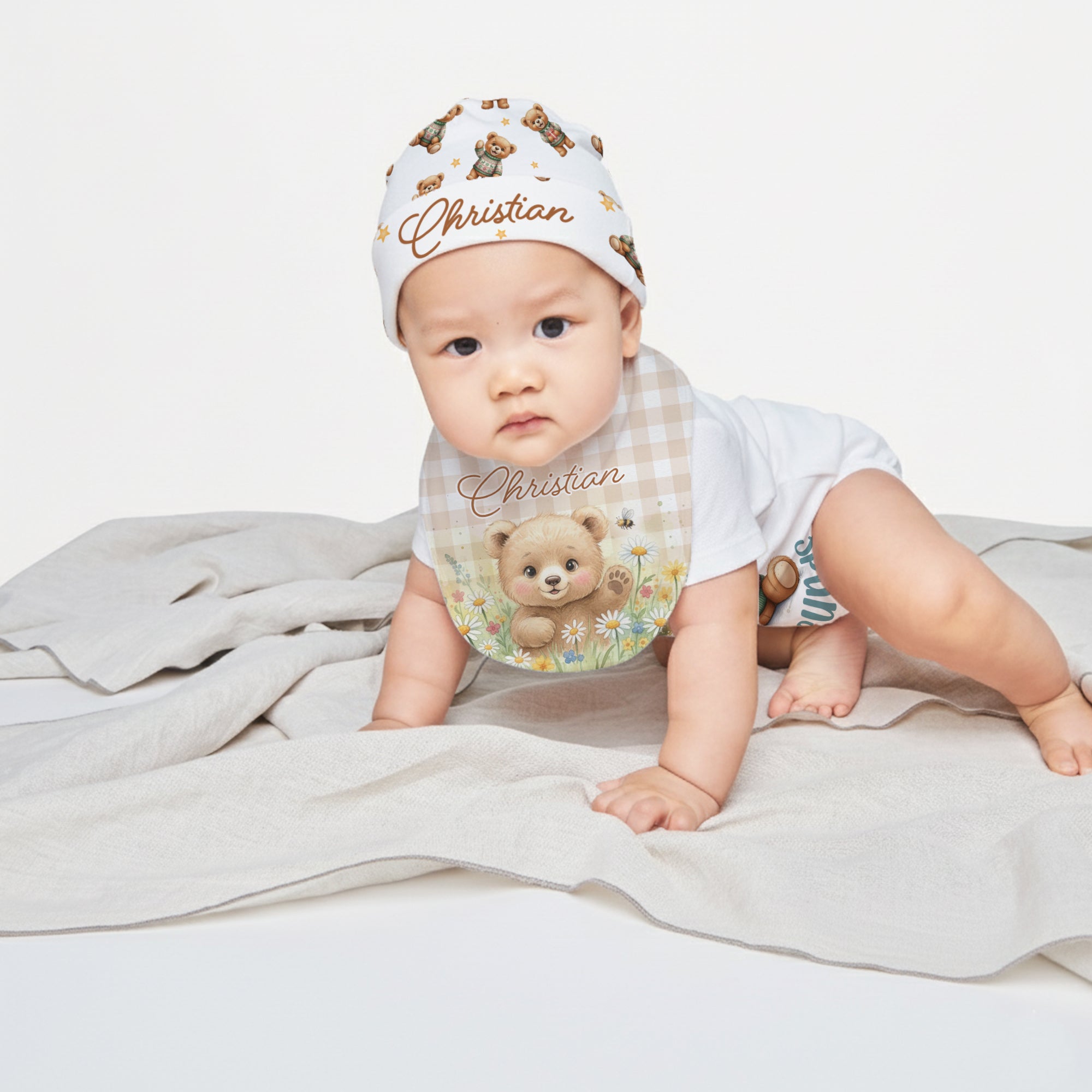 Personalized Bib and Burp Cloth Set in Cozy Bear