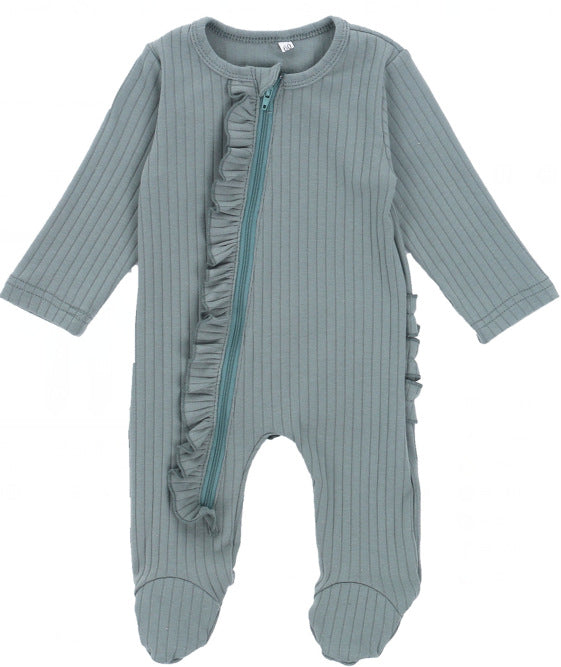 Ruffle Zipper Footie in Silver Grey