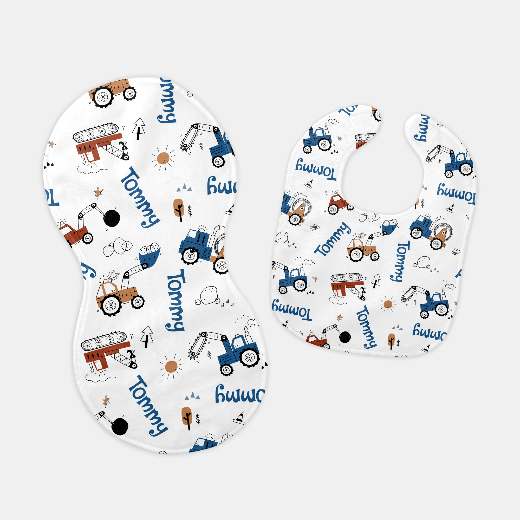 Personalized Bib and Burp Cloth Set in Construction Vehicle