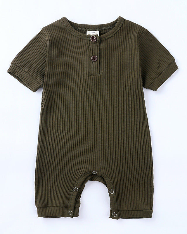 Ribbed Short-sleeved Snap Romper in Army Green