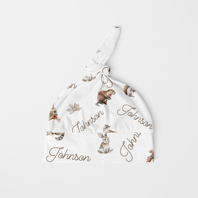 Personalized Knotted Hat in Woodland Animals