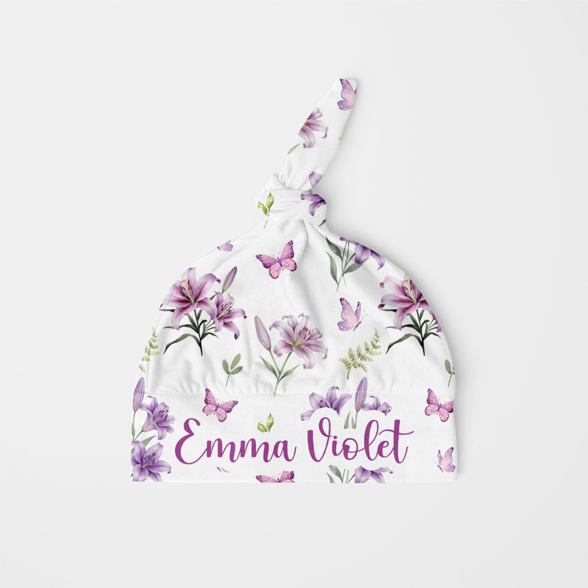Personalized Knotted Hat in Purple Lilys