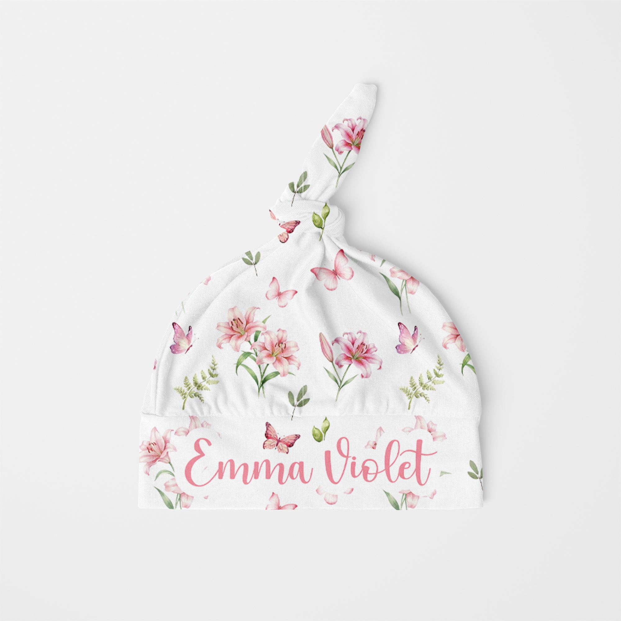 Personalized Knotted Hat in Pink Lilys